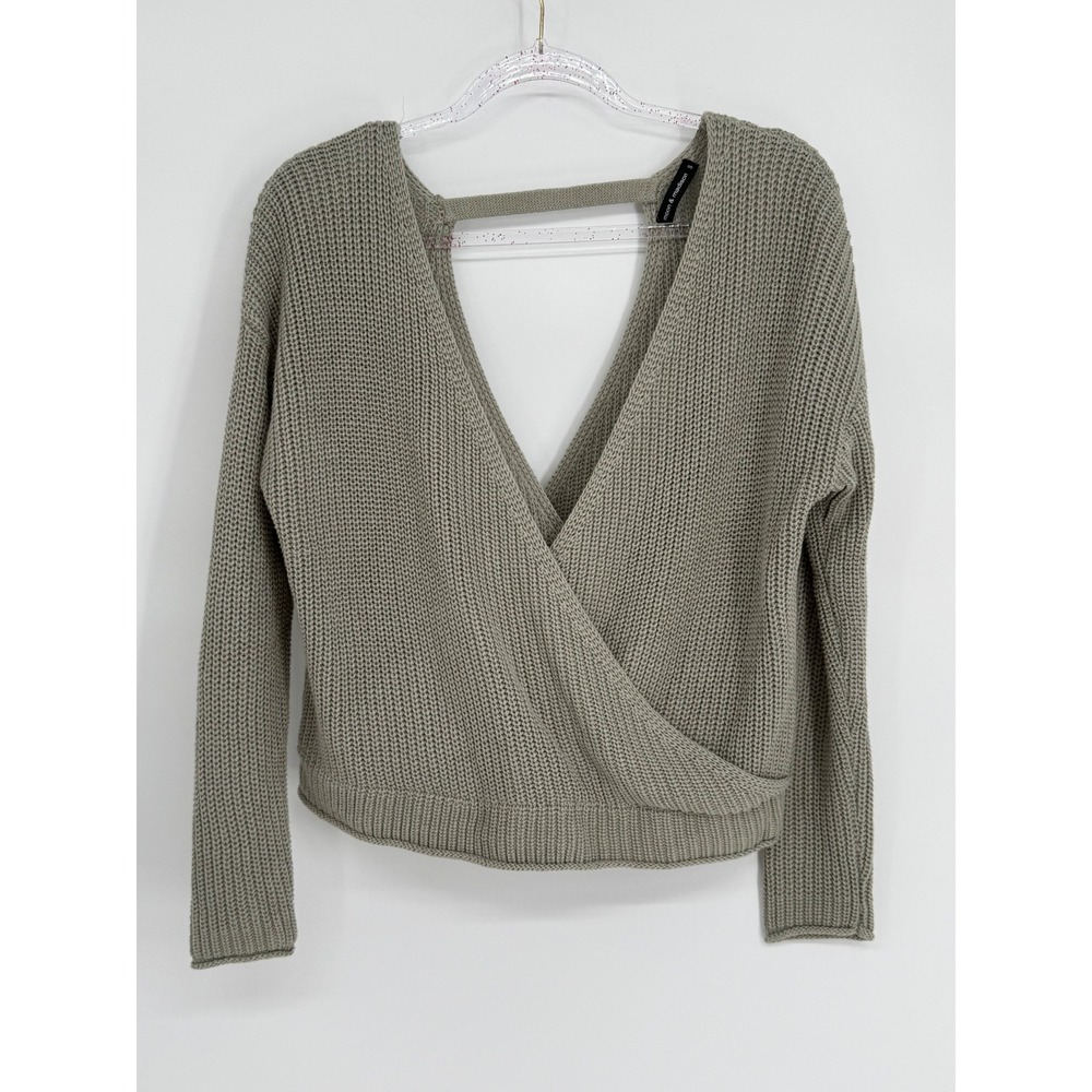 Moon & Madison Sage Surplice Wrap Open Back Shaker Knit Sweater Womens Sz S